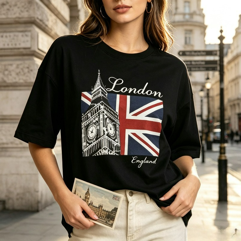 Vintage Fashion London - تي شيرت نسائي مطبوع عليه شعار